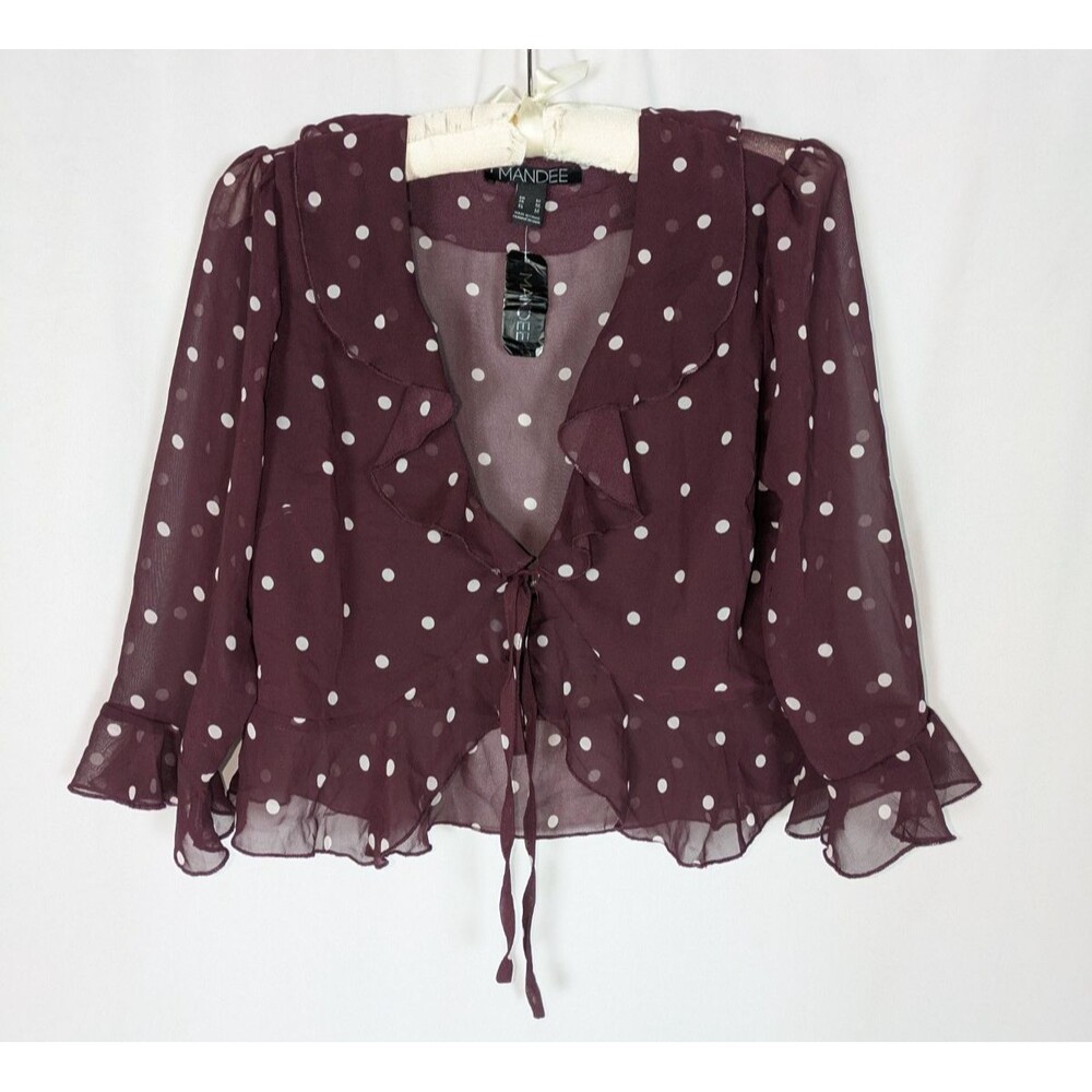 Mandee Blouse M Women's Purple Polka Dot Vneck Tie Front Sheer Ruffles Chiffon